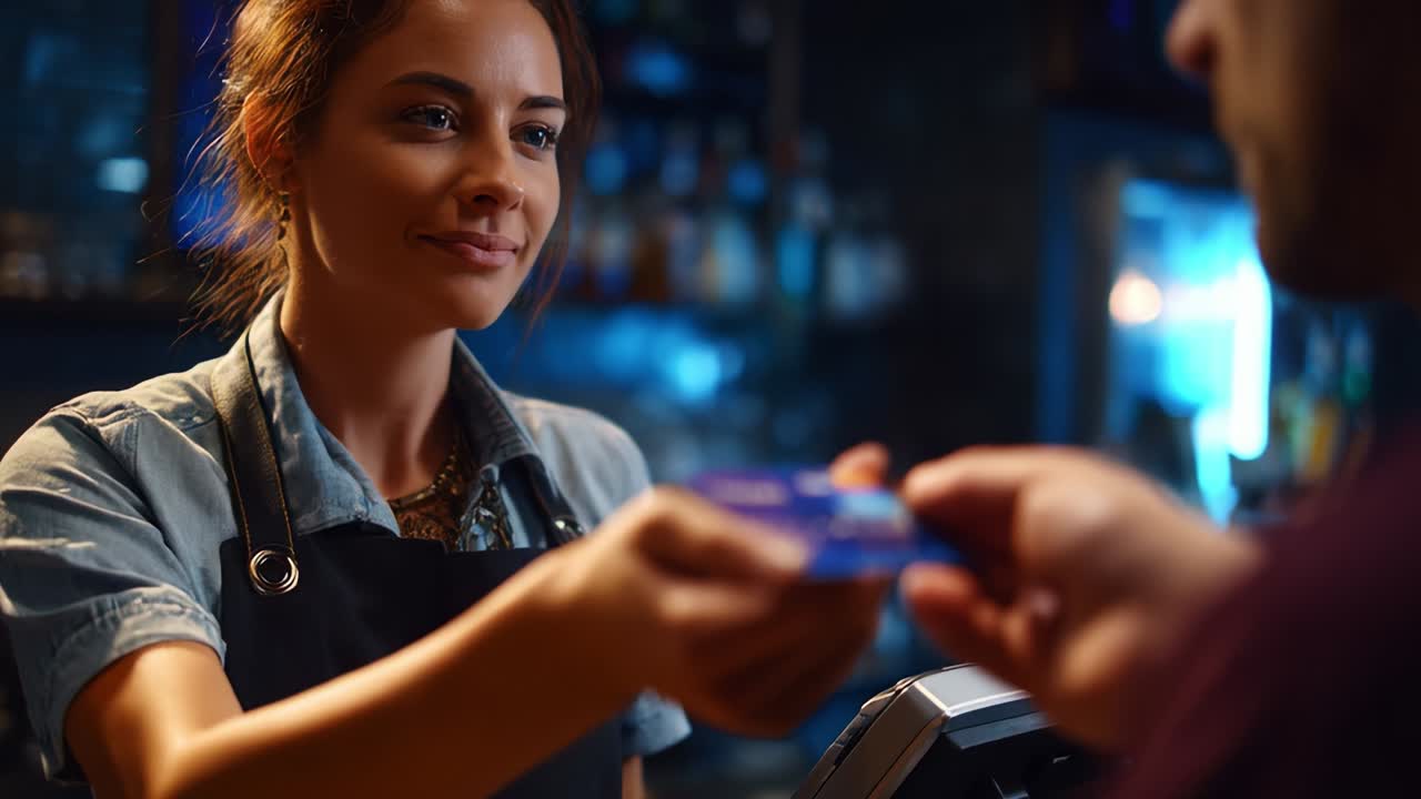 Une transaction conviviale dans un bar ou un café où un client tend sa carte au caissier, illustrant un moment d’échange entre le personnel de service et la clientèle dans une atmosphère chaleureuse