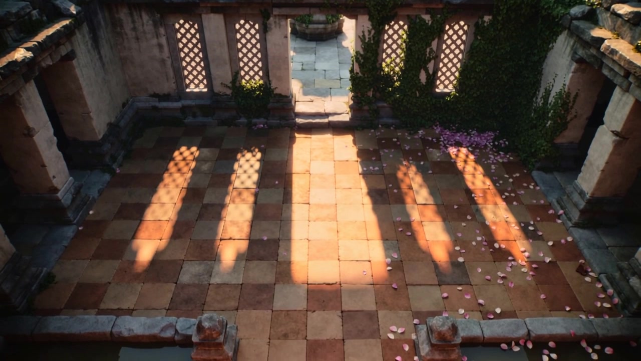 格子越しに差し込む日光が空の市松模様の中庭を照らし、そよ風がピンクの花びらを舞わせている。