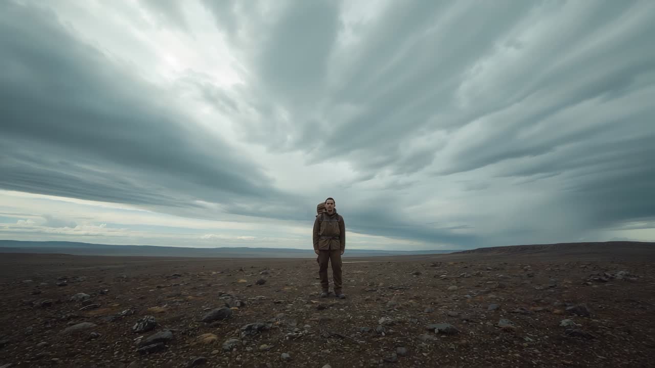 Excursionista solitario recibiendo llamada de radio, con parka, mochila, sosteniendo radio en la oreja en llanura rocosa y árida.