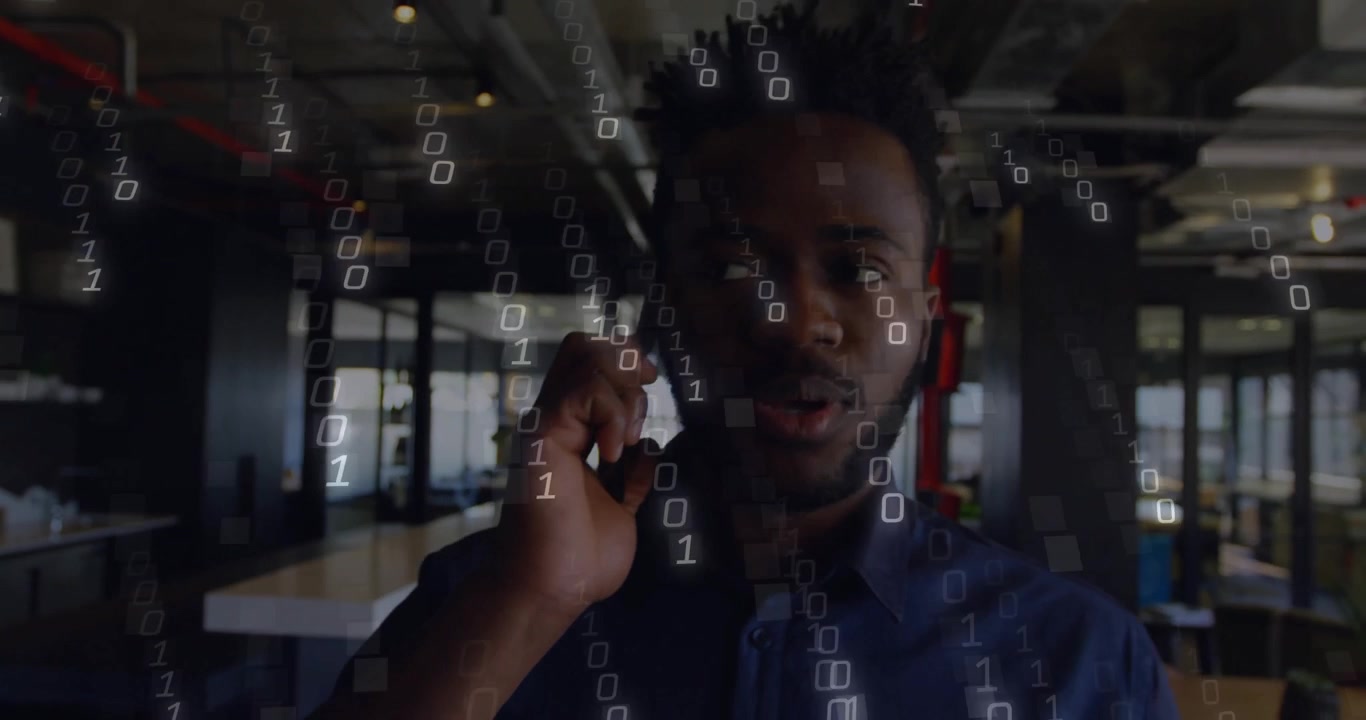 Man bringing smartphone to ear and starting call in business office binary code swirling around him