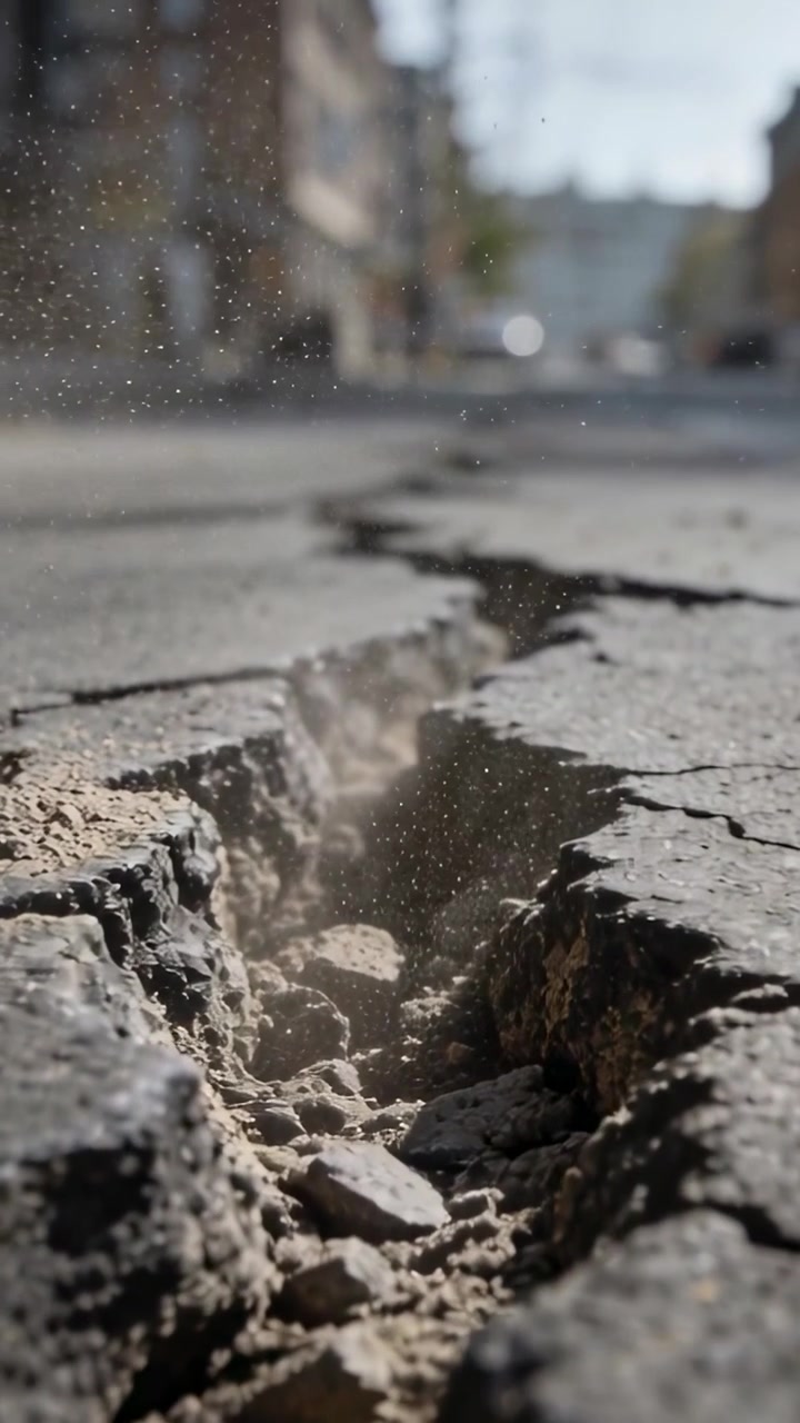Video verticale: Fessura nell'asfalto che si assesta, che solleva polvere e fa cadere detriti lungo la strada, fila di mattoni