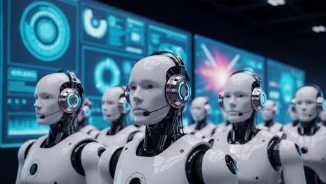 a cutting-edge assembly of advanced robots equipped with headsets, displaying strategic data visualization and intelligent communication in a futuristic setting