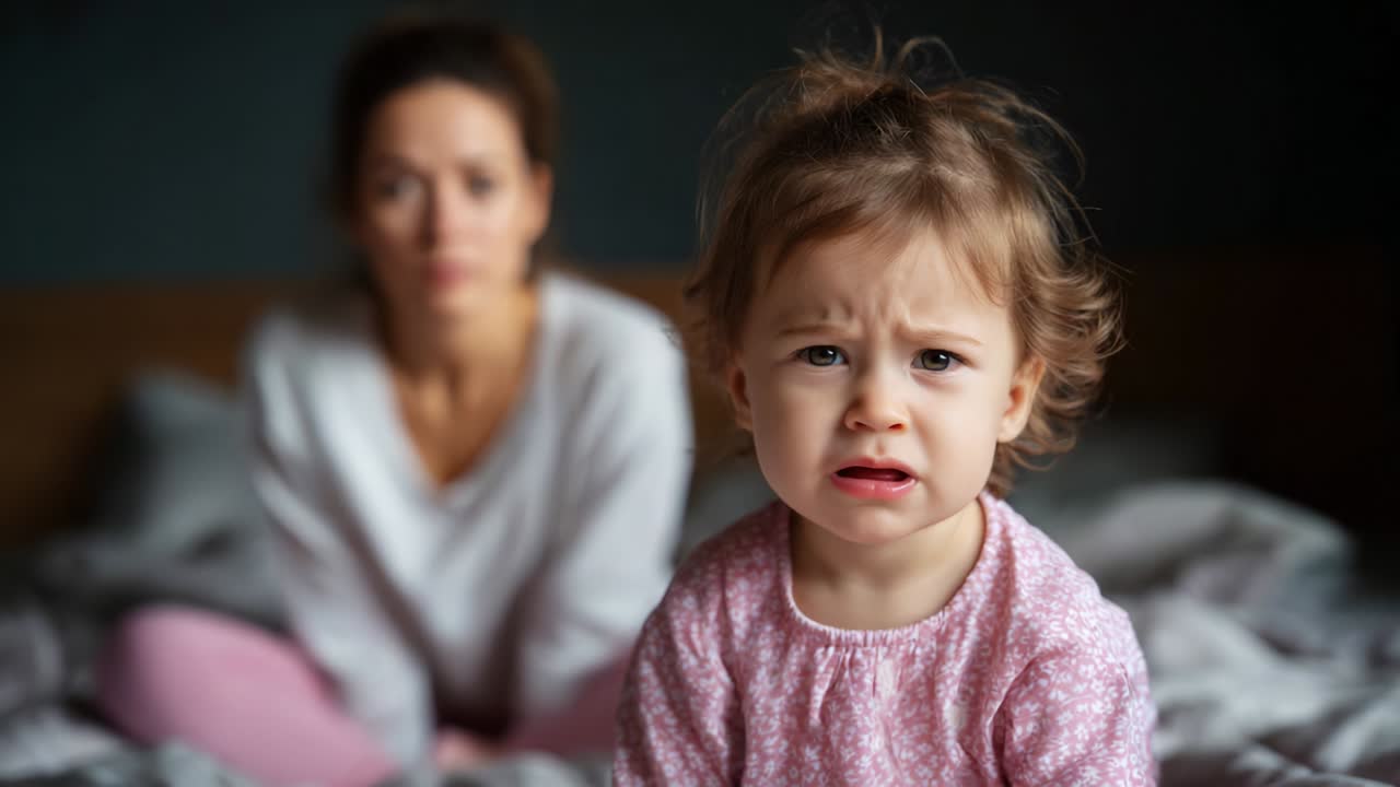 A poignant moment capturing a child's expression of confusion and concern, with a mother in the background, illustrating the bond and emotional connection between parent and child during uncertain times