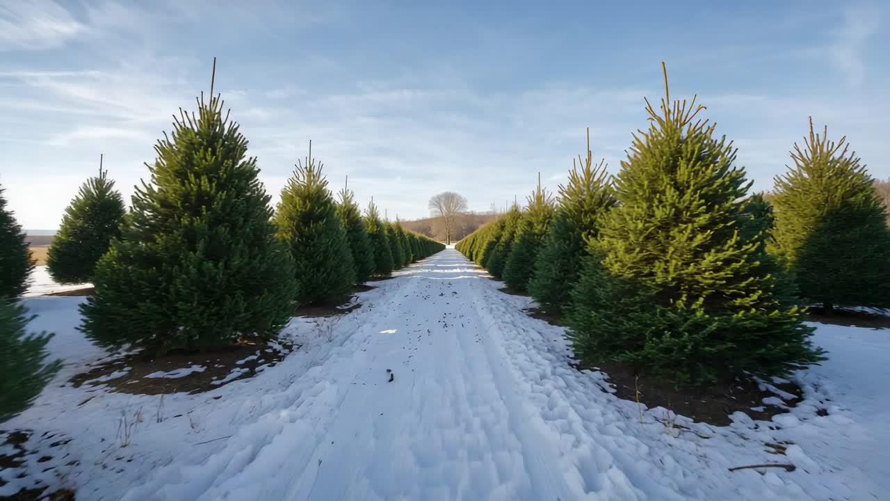Camera initiating forward move along snow-covered drive drifting right capturing evergreen corridor