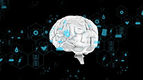 animación del cerebro humano y iconos médicos en fondo negro