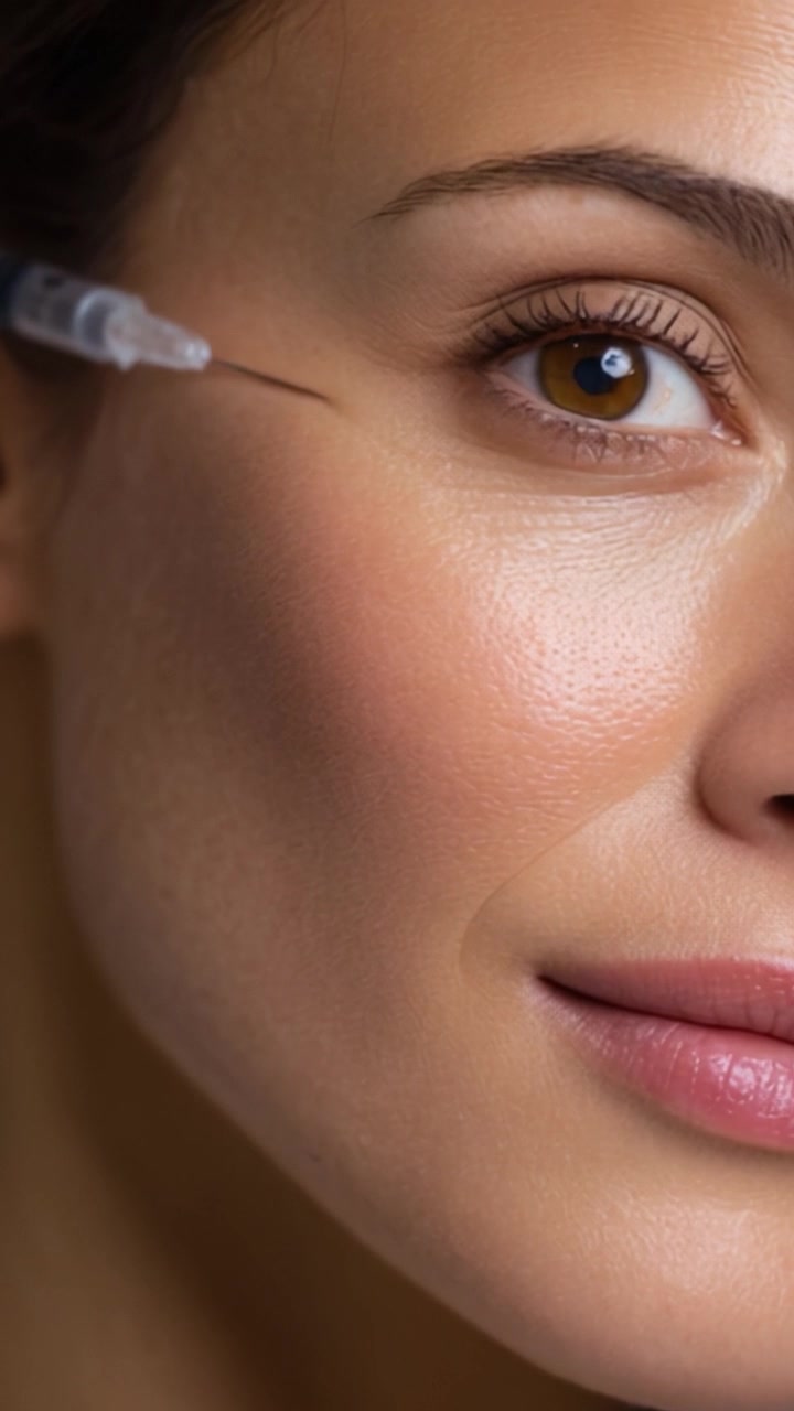 Primo piano di una donna che si prepara per una procedura estetica, evidenziando bellezza e cura di sé; mostrando fiducia e trattamenti estetici moderni