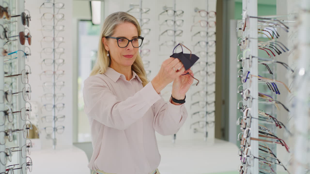 Caucasian female Optometrist cleaning glasses