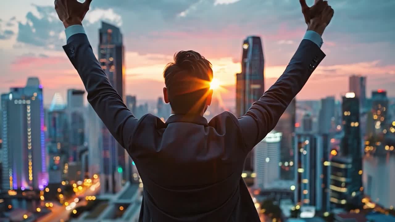 Successful businessman on a rooftop with city view
