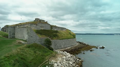 part of nothe fort with views out to sea, weymouth, dorset, england, uk, western europe - aerial drone shot