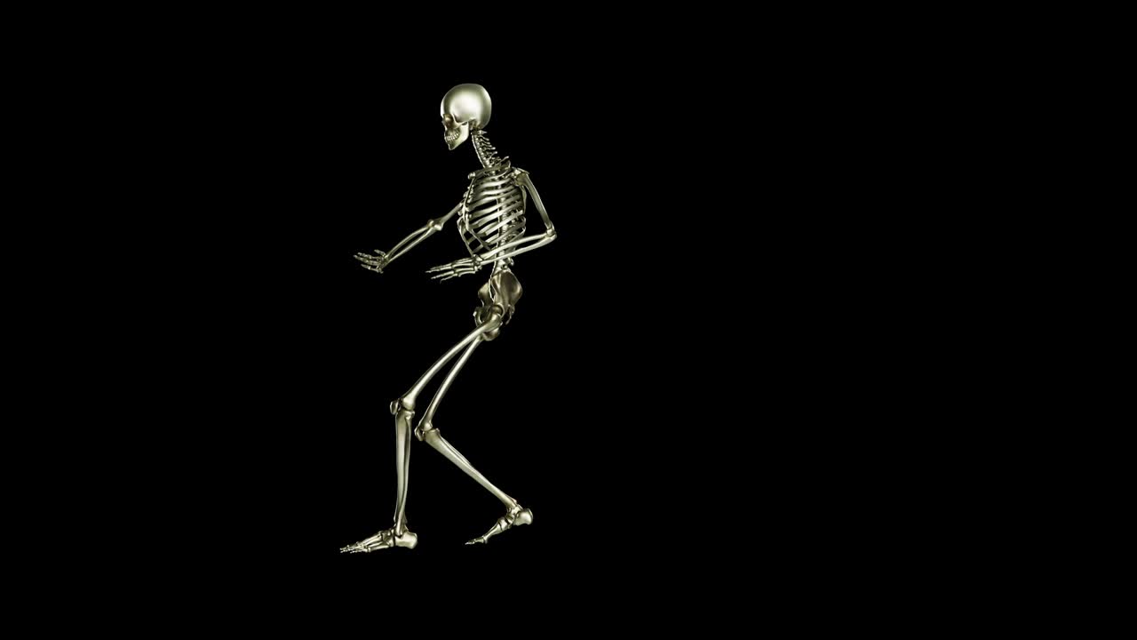 danza del esqueleto. animación de bucle sin costuras en fondo negro, salsa, personaje fantasma, cráneo bailando, video con luma matte, renderizado en 3d