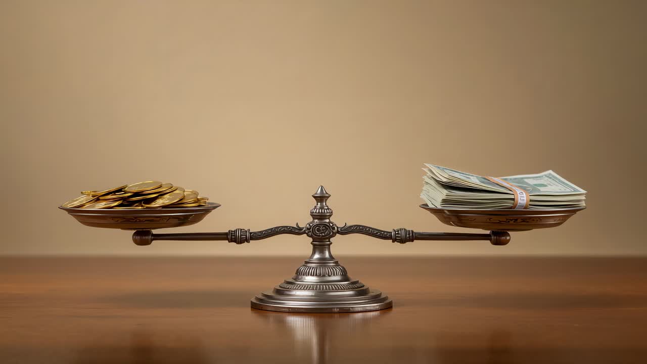 Moving brass scale on wood table from gold coins vs bundled bills imbalance against beige backdrop