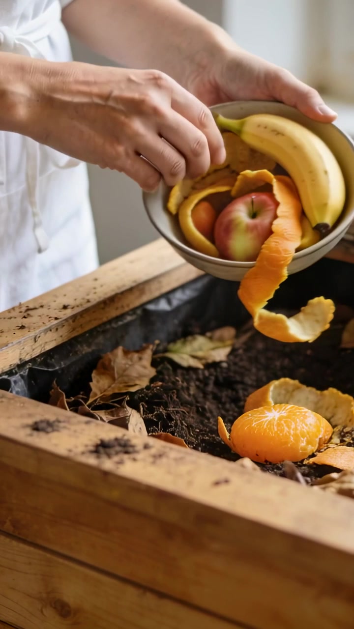 Vertical video: Peeling mandarin, woman in apron tipping bowl into planter on counter for compost
