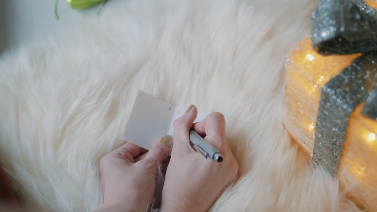 여자는 선물 빛으로 흰색 카펫에 선물 인사말 카드에 크리스마스 인사말을 씁니다.