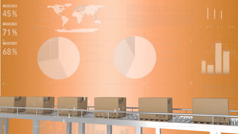 animación del procesamiento de datos estadísticos sobre cajas en una cinta transportadora contra un fondo naranja