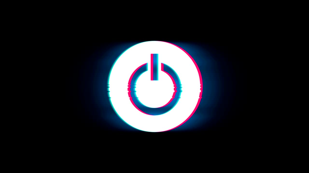 el símbolo del botón de arranque de energía de la computadora en la animación vintage retro de glitch.