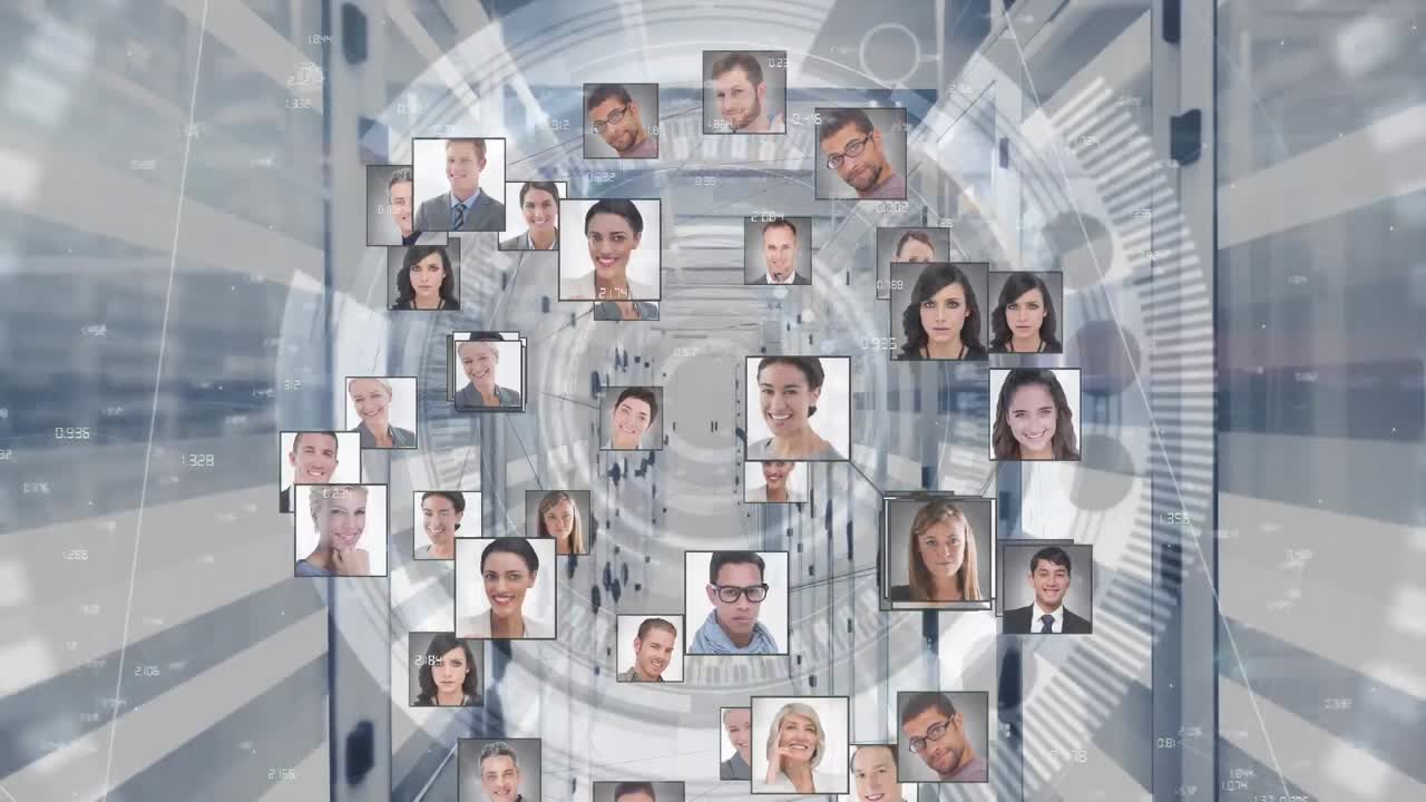 Animation of network of business profile icons, round scanner and light trails against server room