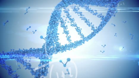 animación de la cadena de adn y procesamiento de datos médicos en fondo azul