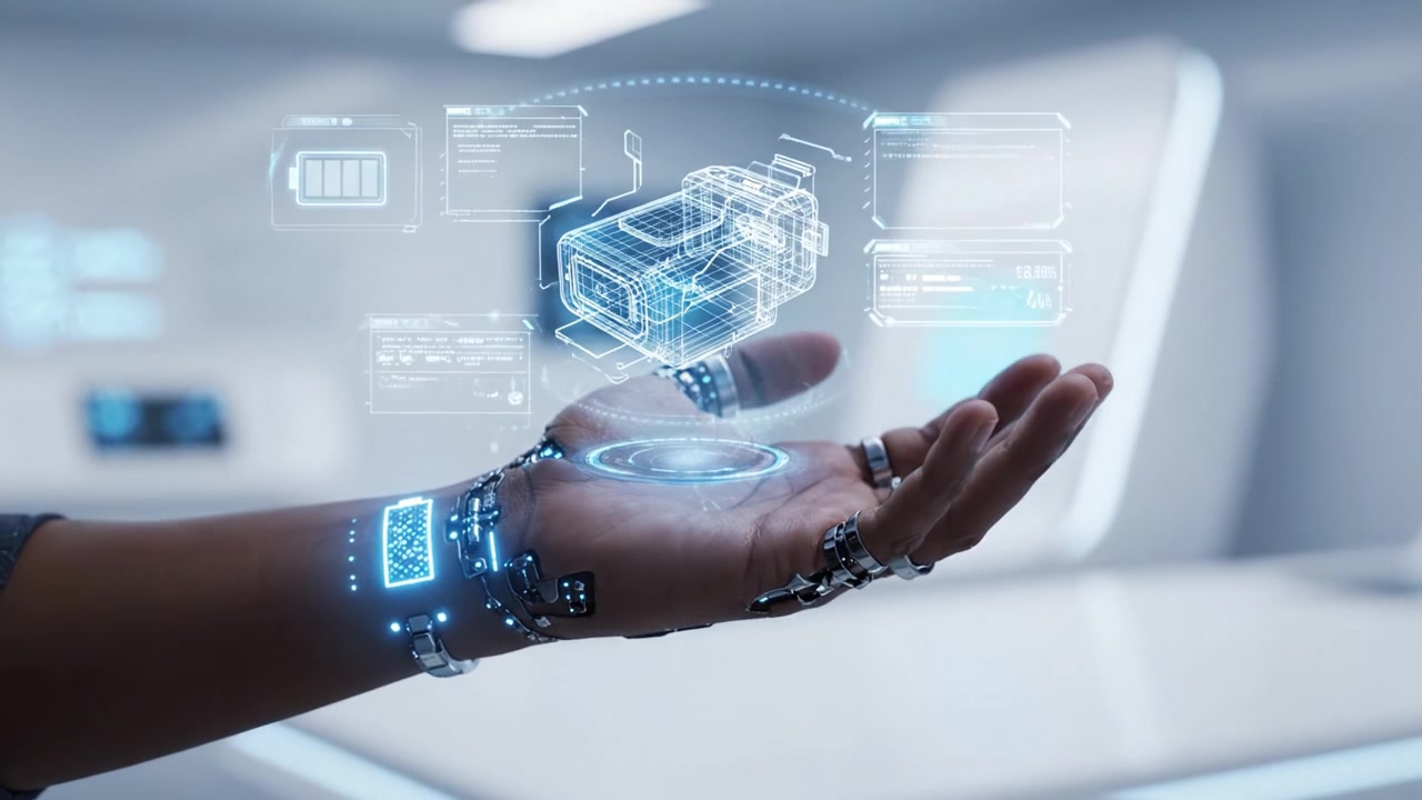 A Futuristic Exploration of Technology: Displaying Advanced Robotic Arm Capabilities with Holographic Projections in a High-Tech Environment