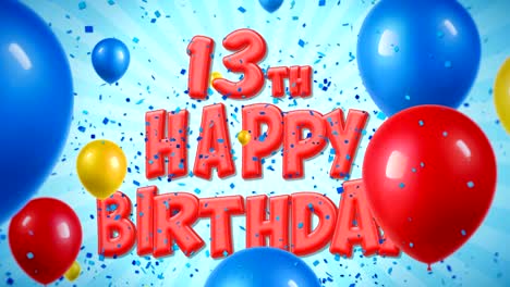 13 cumpleaños feliz texto rojo aparece en confeti popper explosiones cayendo y partículas de brillo, coloridos globos voladores animación de bucle sin fisuras para deseos saludos, fiesta, invitación, tarjeta.