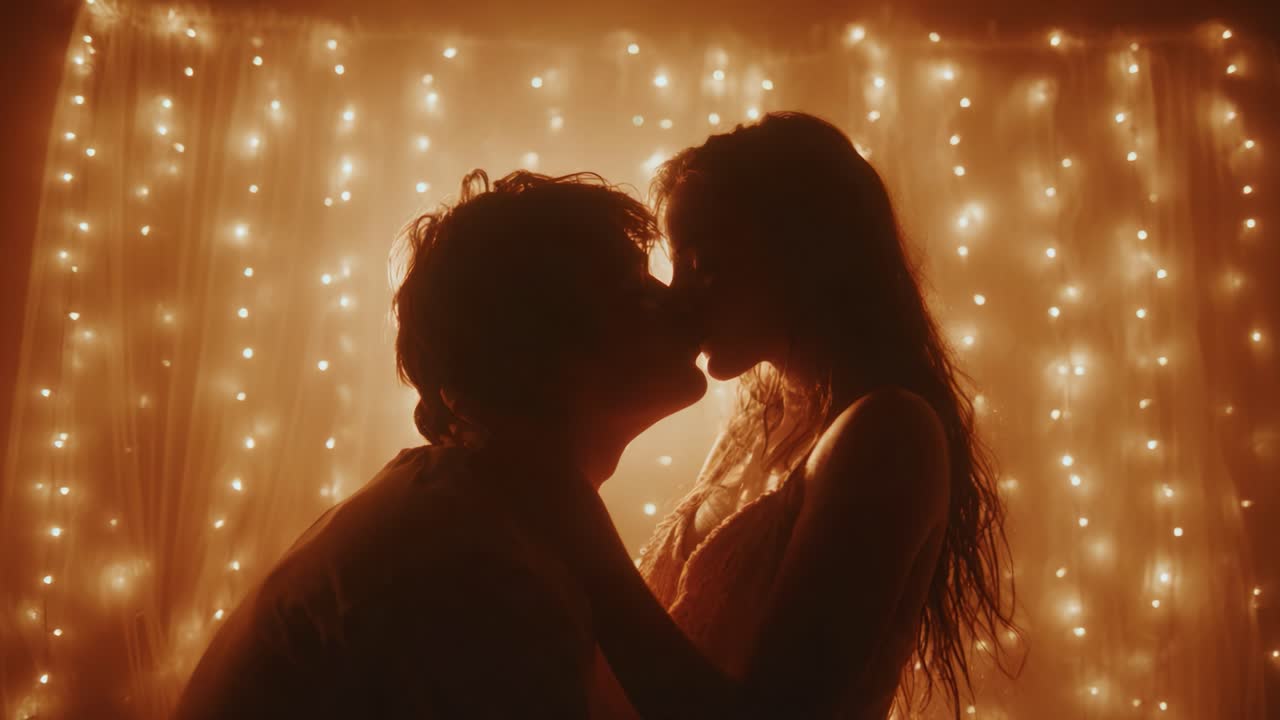 A Romantic Silhouette of Two Lovers Sharing an Intimate Kiss Amidst a Magical Glow of Twinkling Lights, Capturing the Essence of Affection and Connection