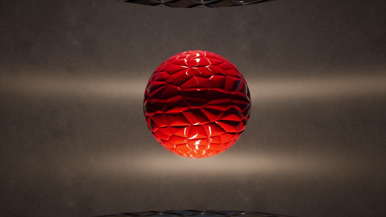 범프 맵이 적용된 최소 공간 내에서 공중에서 천천히 회전하는 빨간색 광택 구, 3d 애니메이션 카메라가 천천히 축소됩니다.