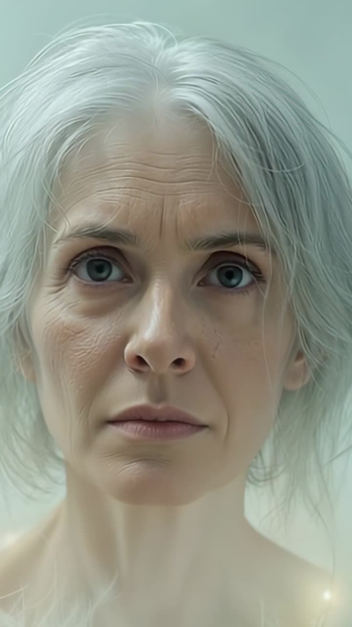 Video verticale: donna anziana che apre le palpebre e fissa lo sfondo, artefatto luminoso