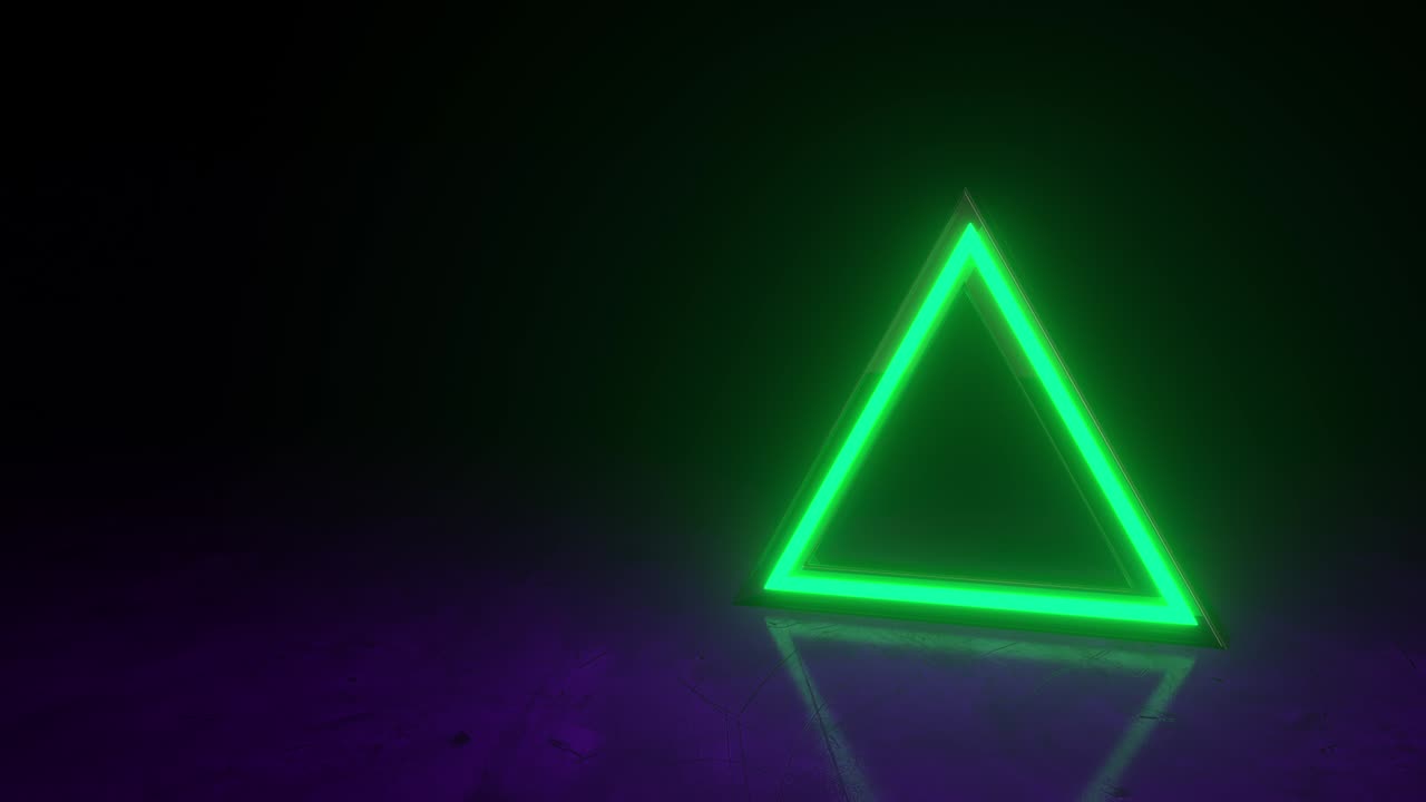 marco triangular de neón verde con efectos brillantes en fondo oscuro. telón de fondo techno brillante vacío. formas geométricas abstractas. fondo geométrico de ciencia ficción. lámpara led. parpadeos. animación de bucle 3d de 4k