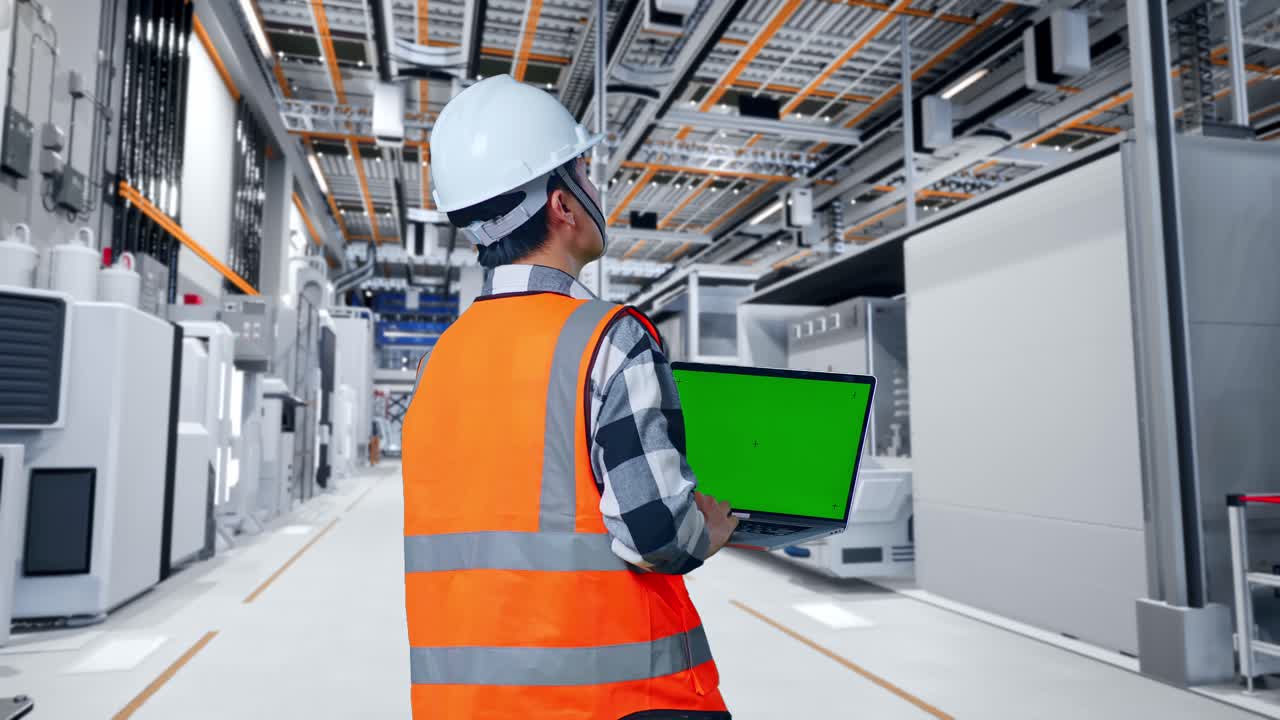 ingeniero inspeccionando equipos en una fábrica moderna
