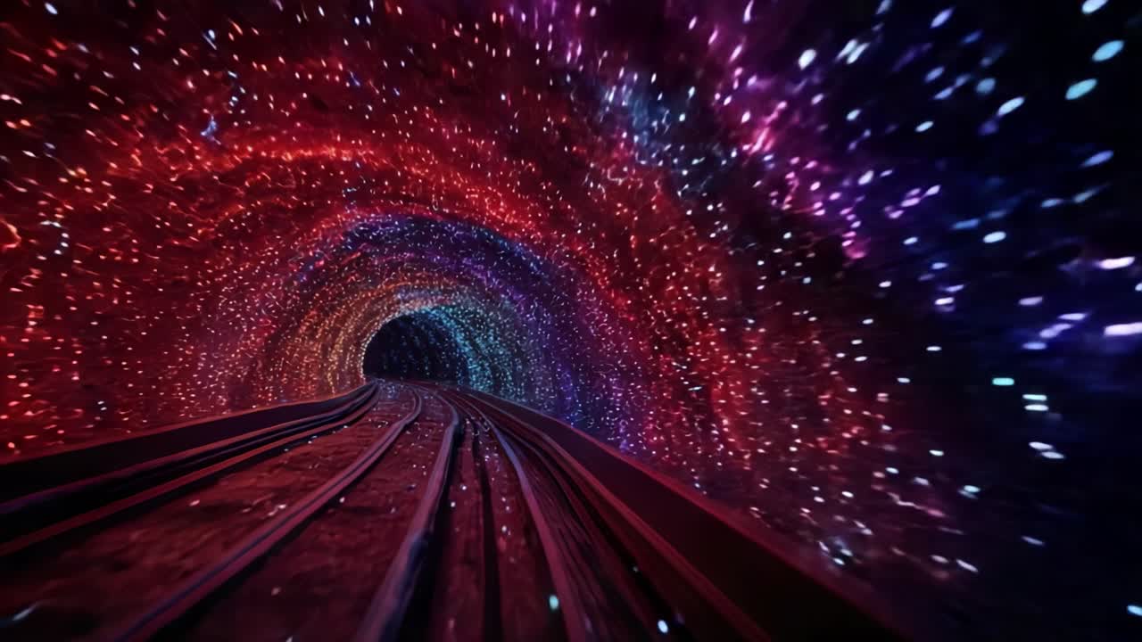 Un viaggio mozzafiato attraverso un tunnel cosmico: un'esperienza immersiva di luci colorate e motivi stellati catturati in fotogrammi ipnotici.