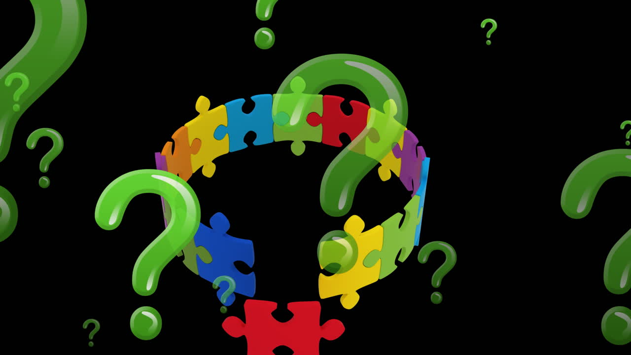 Animation of question marks and puzzles over black background