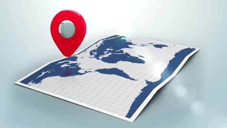 red pointer on a world map with lens flare