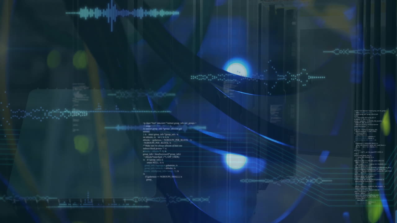 Animation of soundwaves and computer language over close up of wires against data server system