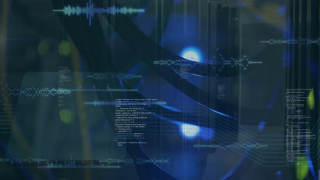 Animation-Von-Schallwellen-Und-Computersprache-über-Nahaufnahme-Von-Kabeln-Vor-Einem-Datenserversystem