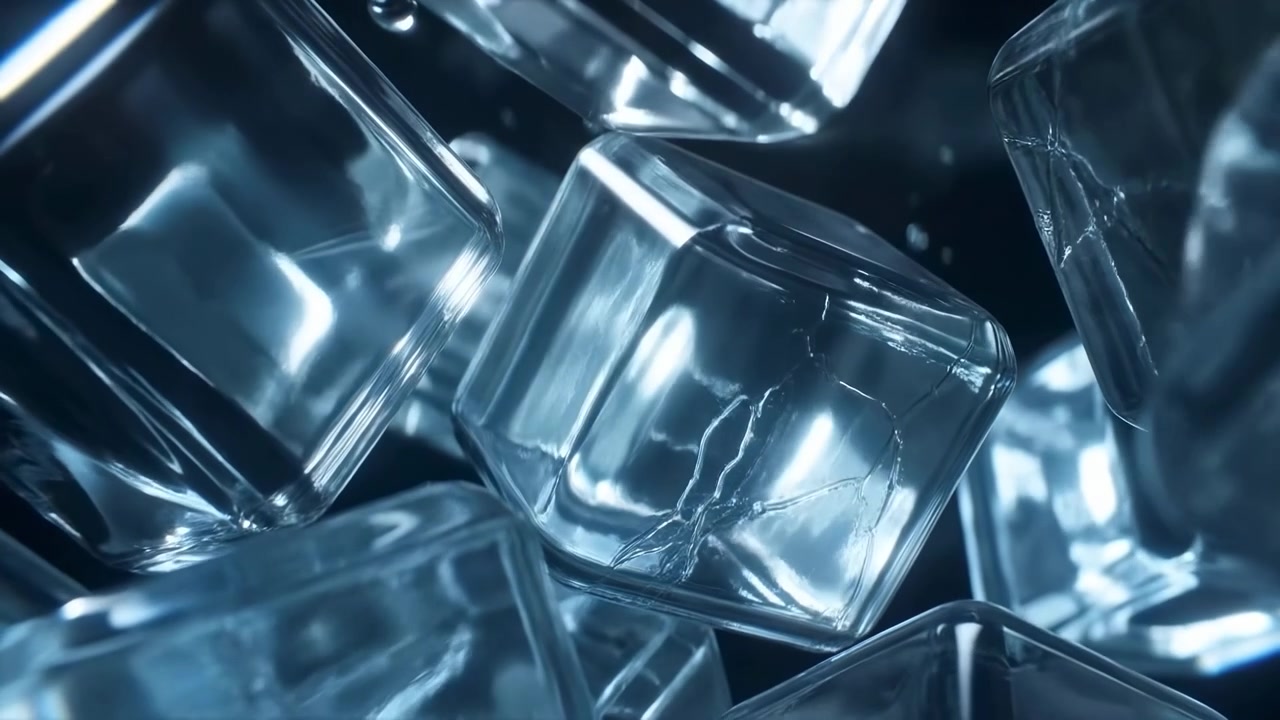 Primo piano astratto di cubetti di ghiaccio trasparenti impilati strettamente con bordi ghiacciati, superfici lucide e riflessi blu freddi, creando una texture riflettente e rinfrescante