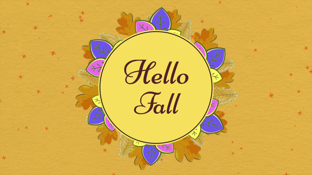 노란 종이에 메이플 가을 잎과 함께 안녕하세요 가을