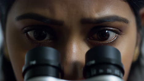 close-up of a scientist looking into a microscope