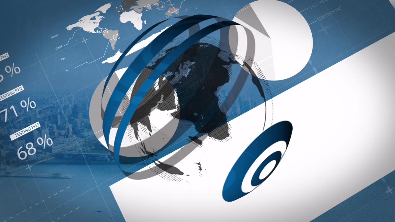 translucent table appearing top left initiating rotating 3D globe spinning rings showing data trend