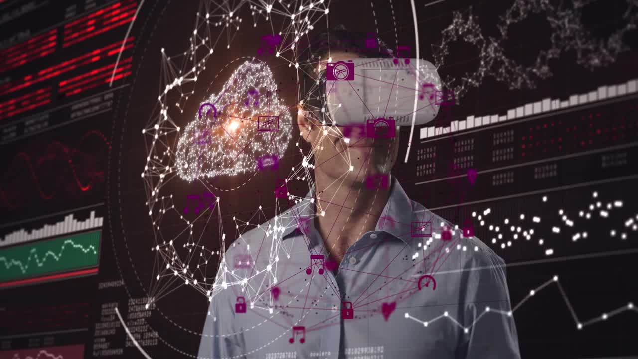 animación de la red de conexiones sobre el hombre que usa auriculares vr