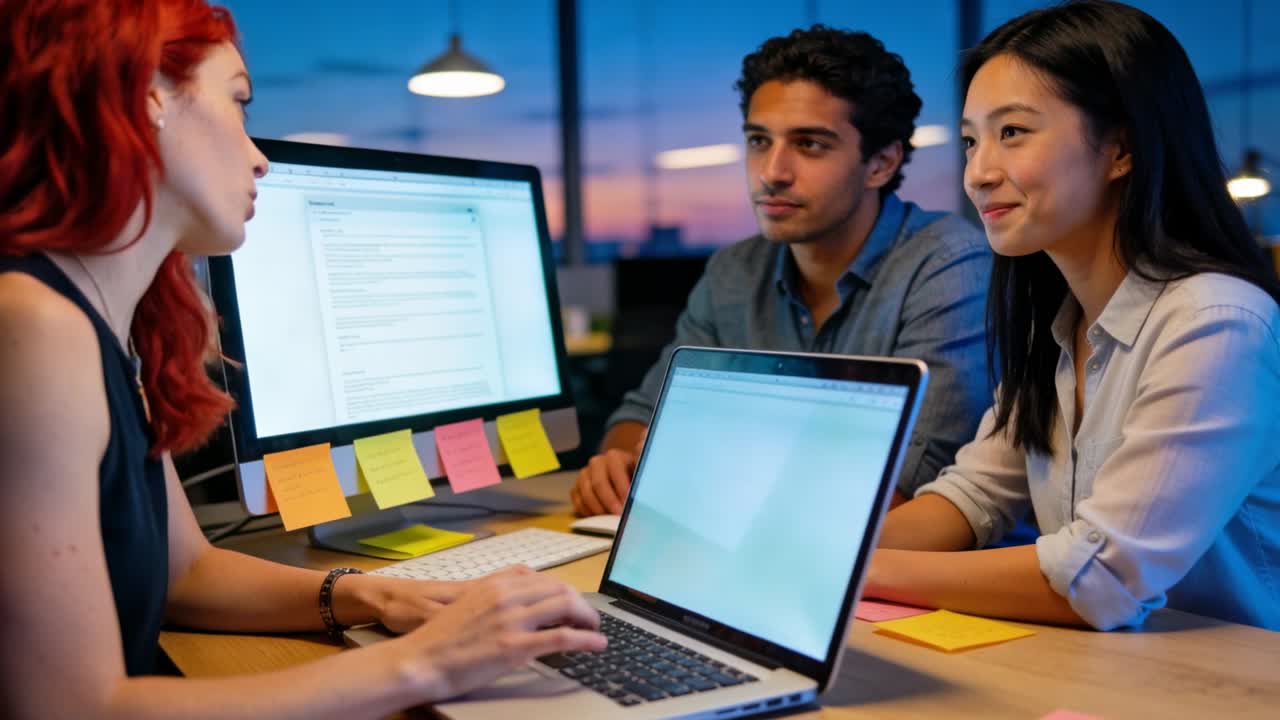 Typing red-haired woman turning laptop toward team dusk office, showing screen with sticky notes