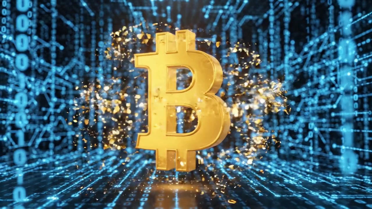 Illuminated Bitcoin Symbol Surrounded by Digital Particles and Matrix Background, Representing Cryptocurrency Technology and Financial Innovation