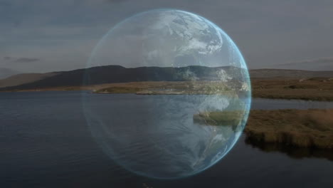 3d-rendered digital earth globe floating over calm lake landscape, showing continents and clouds