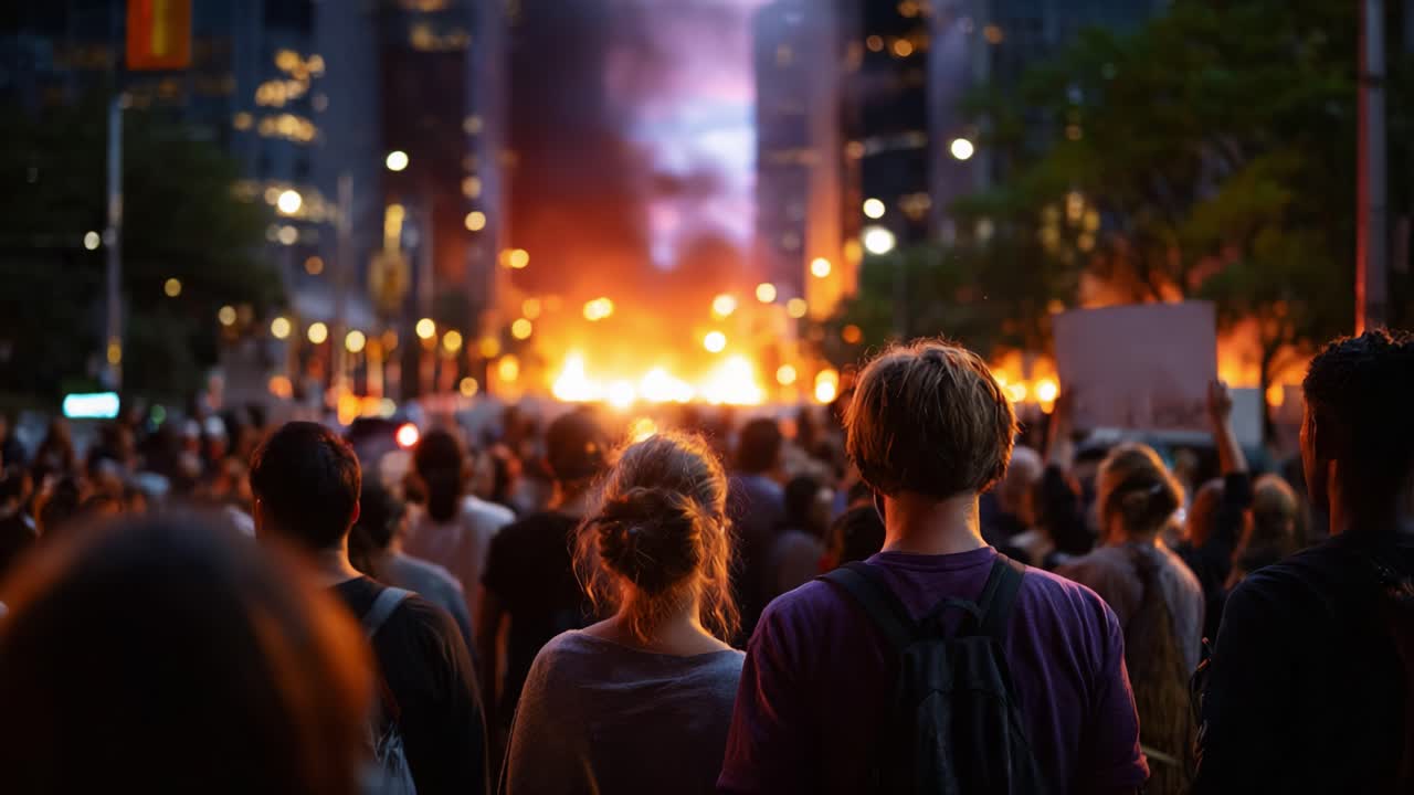 Folla che osserva alterchi tra fiamme e fumo in ambiente urbano, con particolare attenzione a tensioni e risposta collettiva