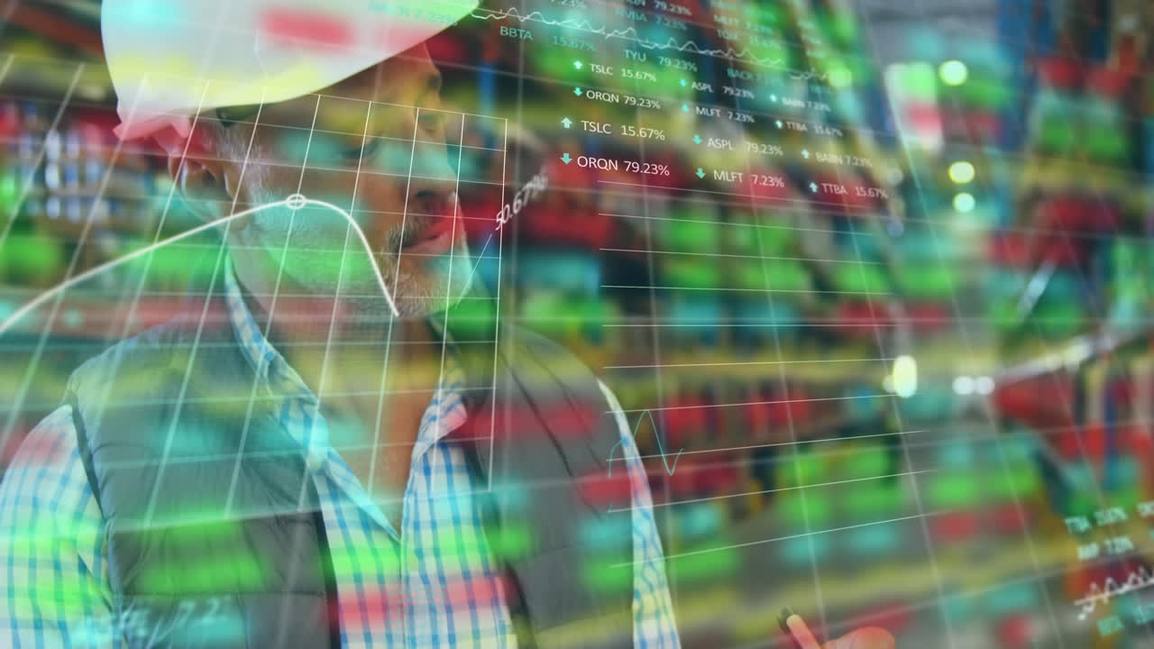 la animación representa a los trabajadores del almacén y las estadísticas de datos en medio del impacto global de los negocios de covid-19.