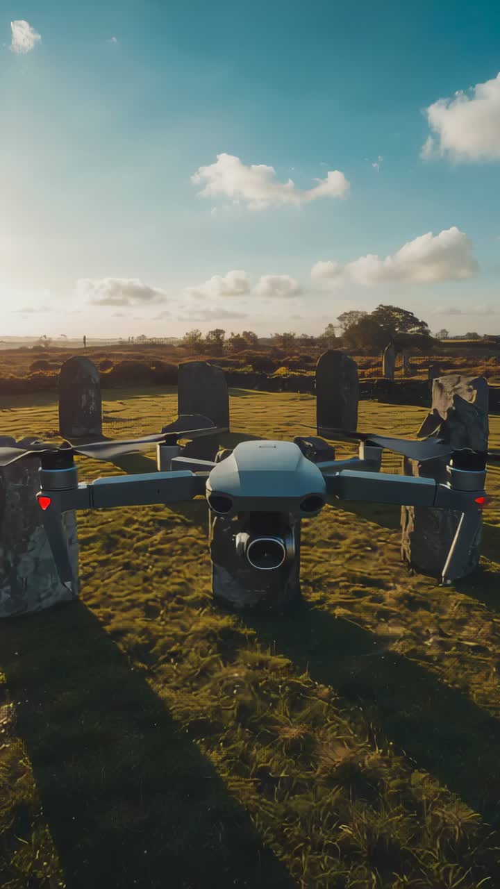 Video verticale: eliche che si avviano, drone quadricottero che sorvola un anello di pietra in un campo, rivelando il gimbal