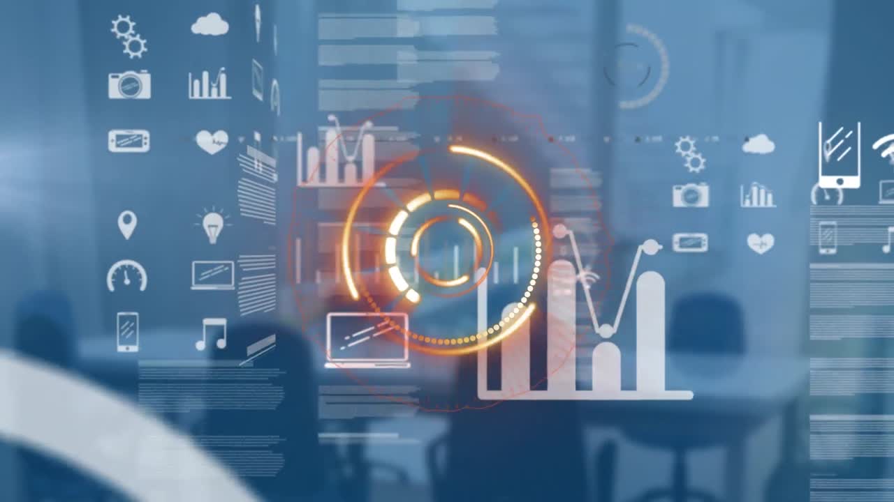 animación de escaneo de alcance y procesamiento de datos sobre una oficina vacía