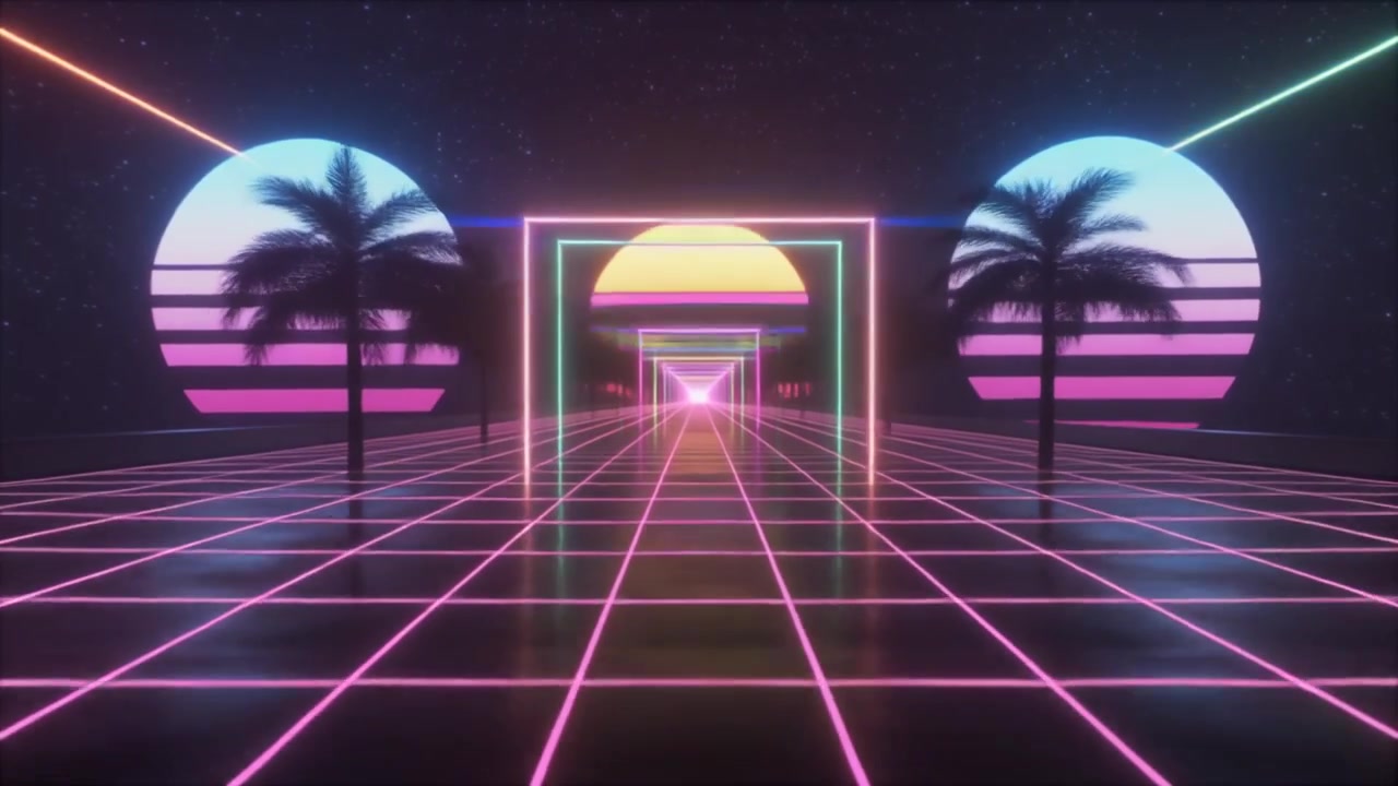 Paesaggio digitale in stile retro synthwave con griglia al neon e palme
