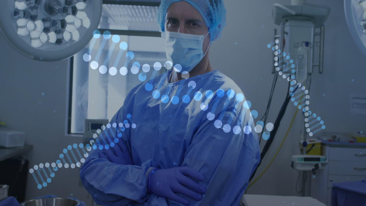 анимация нитей днк над белым врачом с масками на лице