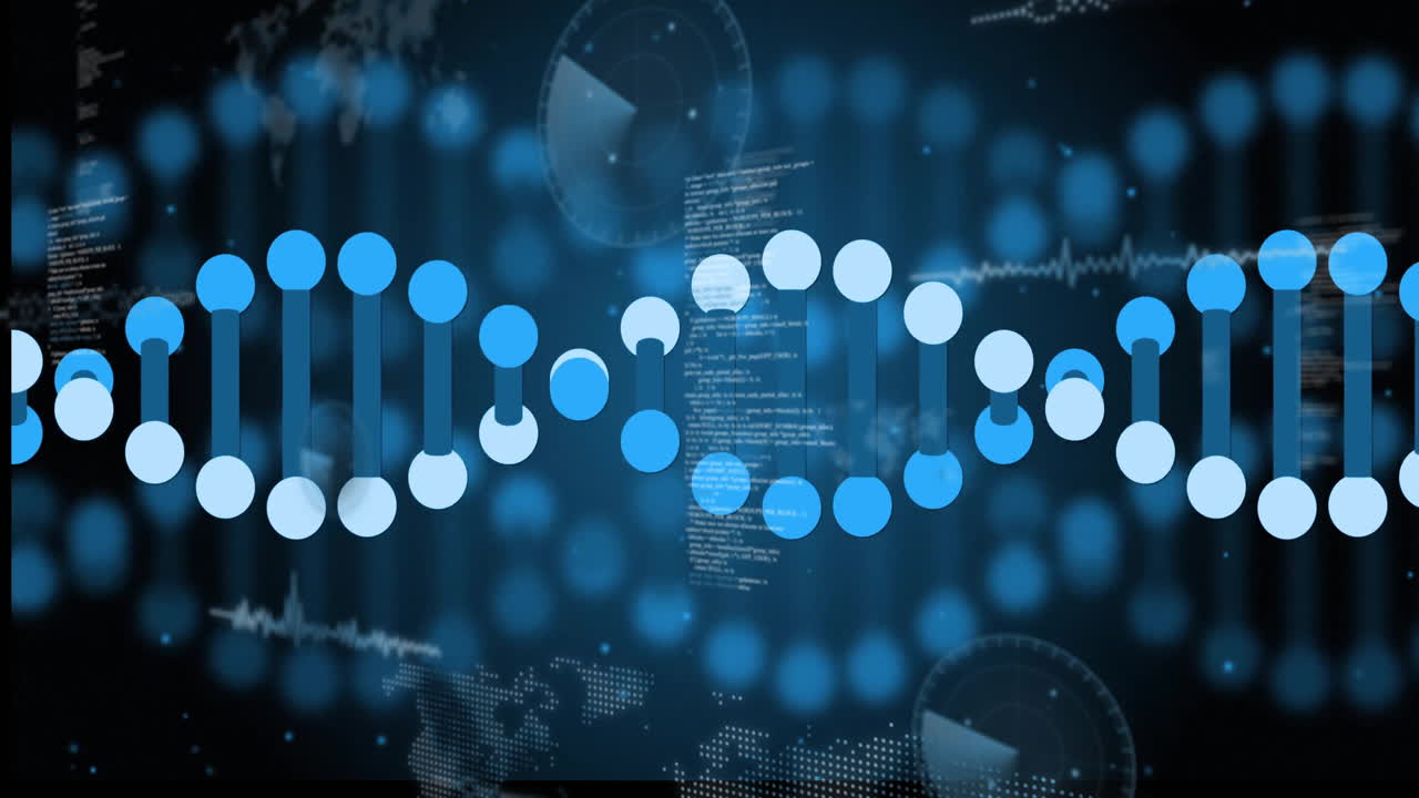 DNA strand with binary coding, processing scientific data in animation