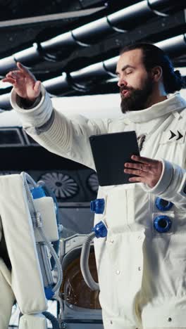vertical video portrait of jolly female astronaut holding helmet inside space station