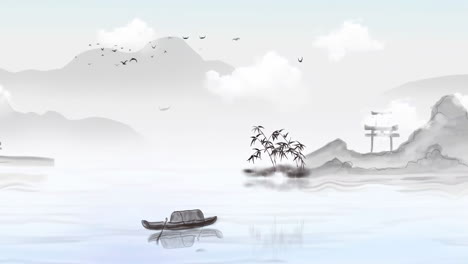 Daytime-ancient-traditional-Chinese-Japanese-landscape-ink-Painting-of-beautiful-calm-trees,-mountains,-flowers,-lake,-water,-birds,-blue-sky,-boat,-cherry-blossoms-season